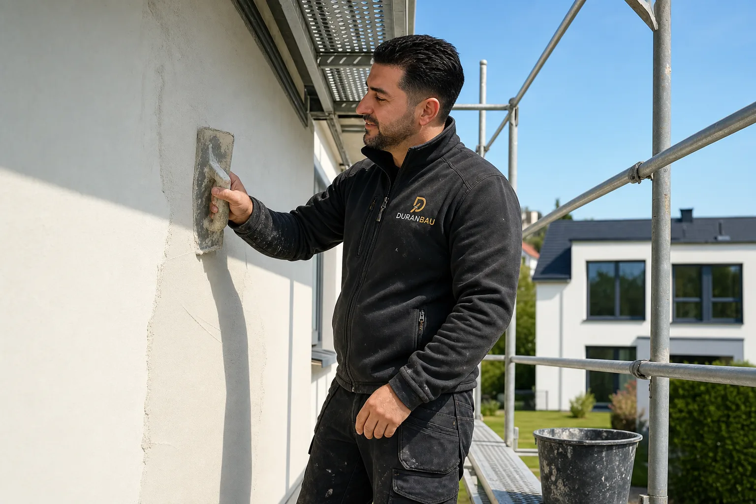 Handwerker von Duran Bau verputzt vom Gerüst aus eine Hausfassade – Außenputz in Essen