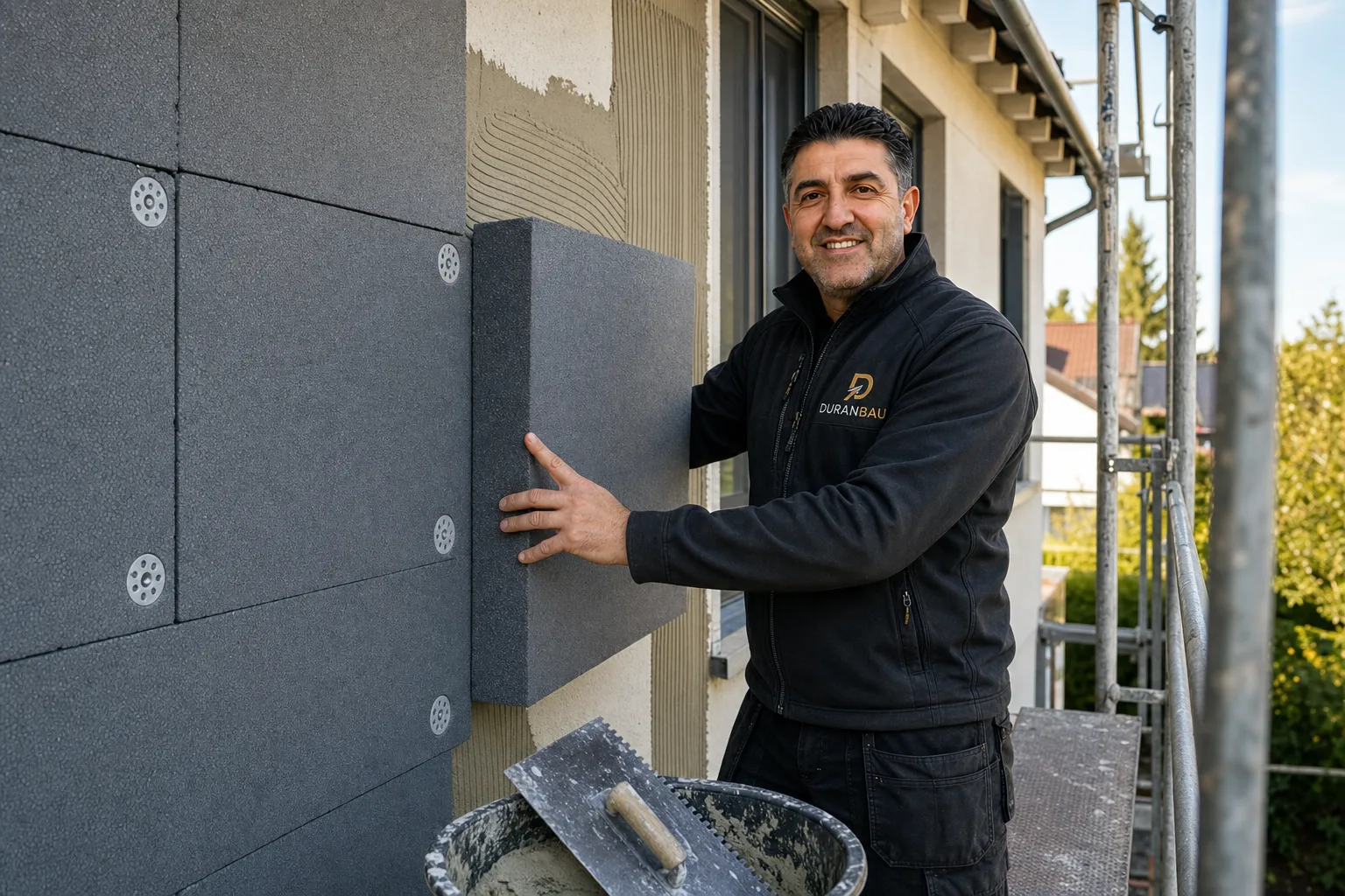 WDVS-Fassadendämmung: Dämmplatten werden an der Hausfassade angebracht