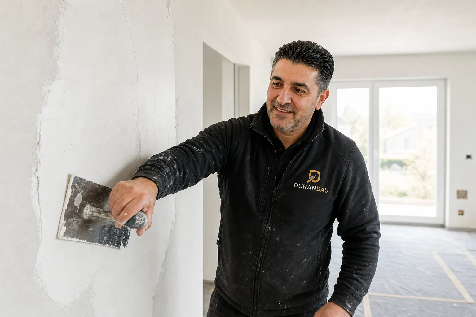 Handwerker von Duran Bau glättet frischen Innenputz an einer Wand – Innenputz in Essen
