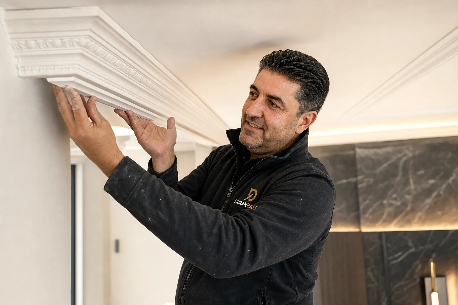 Handwerker von Duran Bau bringt eine Stuckleiste an der Decke an – Stuckarbeiten in Essen